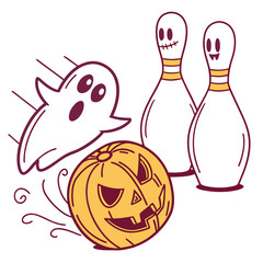 Halloween bowling with a ghost, pumpkin, and bowling pins isolated on white background spooky and fun illustration