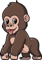 Playful cute baby gorilla cartoon character sticking tongue out, happy young primate, fun wildlife vector illustration for kids