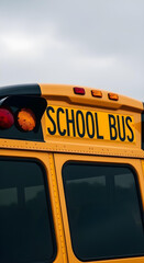 Close-up of yellow school bus roof with &ldquo;SCHOOL BUS&rdquo; lettering and lights