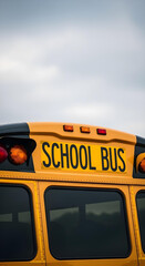 Close-up of yellow school bus roof with &ldquo;SCHOOL BUS&rdquo; lettering and lights
