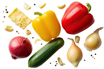 Assorted colorful vegetables and spices.  A scattering of fresh produce, including red, yellow, and orange bell peppers, garlic cloves, a zucchini, and red onion.