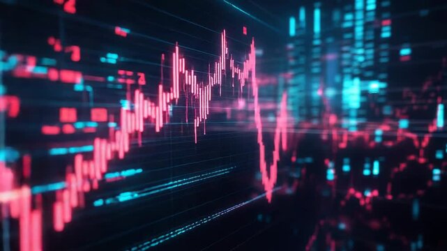 Stock market graph showing increasing and decreasing trends with digital data