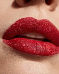 Obraz premium Close-up of female model & elegant lips with radiant bright and vibrant color lips holding lipstick tube, professional beauty shoot for cosmetic, advertising and luxury makeup brand promotion