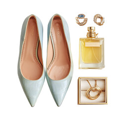 Fototapeta premium Light-blue pumps, gold jewelry, perfume. Flatlay of elegant light-blue, pointed-toe pumps, a gold perfume bottle, earrings, and a ring box
