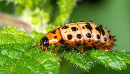 Macro image showcasing a spiky leaf beetle larva feeding on a lush green plant leaf closeup
