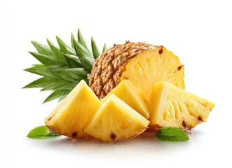 Fresh pineapple, partially cut into golden triangles, alongside green leaves, presents a tropical still life against a bright, reflective surface