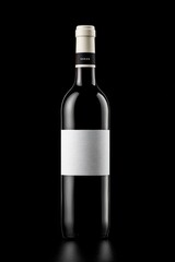 Sleek, dark red wine bottle with blank white label against a stark black background, emphasizing minimalist design and elegant presentation