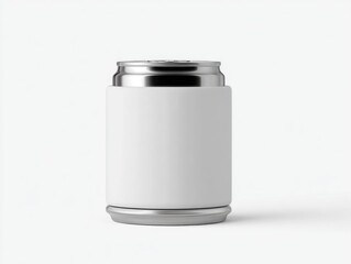 A beverage can insulator, white and silver, is centered in a high-key studio shot. Its sleek cylindrical form provides a clean and modern aesthetic
