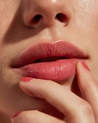 Close-up of female model & elegant lips with radiant bright and vibrant color lips holding lipstick tube, professional beauty shoot for cosmetic, advertising and luxury makeup brand promotion