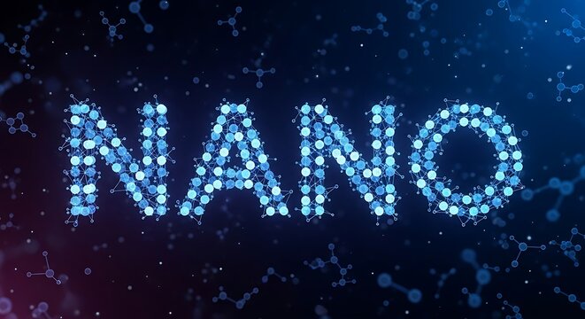 Dynamic digital molecular structure forming the word NANO, illustrating advanced nanotechnology and microscopic scientific concepts