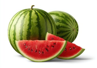 A vibrant display of two whole watermelons with green stripes, accompanied by two juicy, red watermelon slices, against a clean white backdrop