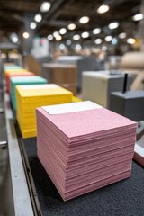 Stacks of colored paper in a printing factory setting.