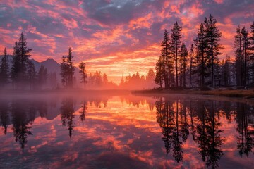 Naklejka premium Sun reflects on calm river water with beautiful orange and blue clouds at sunset.