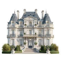 Fototapeta premium Ornate French Chateau Style Residence with Corner Turrets and Mansard Roof