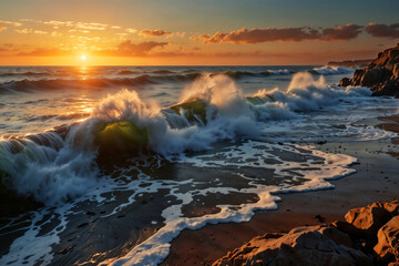 Obraz premium Beautiful sunset over the ocean with a large rock in the foreground