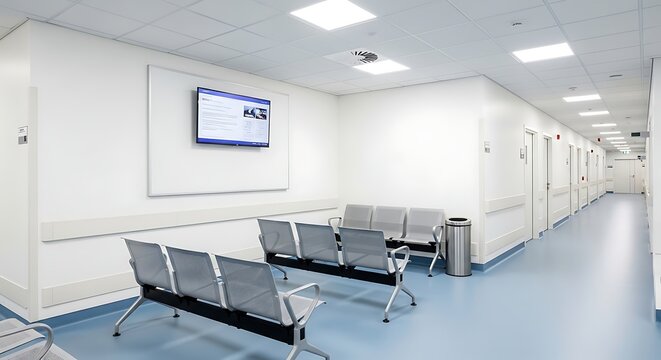 Clean, modern healthcare facility corridor and waiting area. Brightly lit with contemporary seating and a digital information display for patients