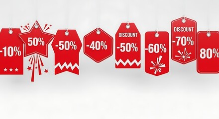 Vibrant red hanging discount tags showcasing percentage sales, ideal for retail promotions, seasonal shopping, and attracting customers to special offers