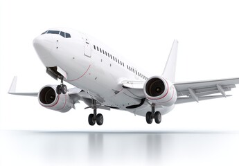 Obraz premium White airplane ascends with landing gear down, reflected on a white surface, against a white backdrop, showing a clean, minimalist composition