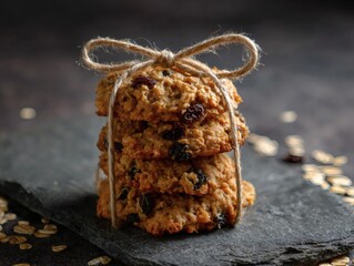 Close-up of stacked oatmeal raisin cookies tied with rustic twine.