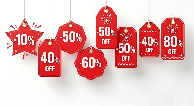 Red hanging tags displaying various percentage discounts, symbolizing enticing sales, irresistible offers, and significant customer savings and deals for shoppers - Powered by Adobe
