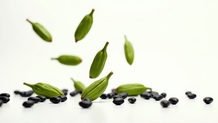 Fresh green pods in mid-air above a scattering of black beans against a bright white background.