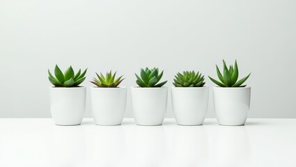 Five small succulent plants in white pots arranged in a row against a light gray background, showcasing a minimalist and serene aesthetic.