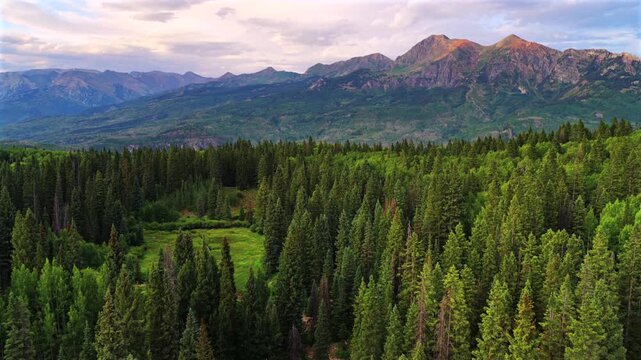 Kebler Pass Lost Lake camp ground summer sunset Crested Butte Paonia aerial drone Colorado Ruby Peak Sawatch Range Rocky Mountains landscape Irwin Lake Ohio Pass Aspen Trees Forest forward pan up