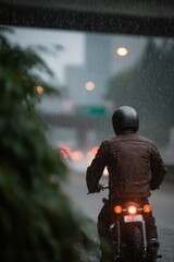 Naklejka premium Motorcyclist riding in rainy urban environment.