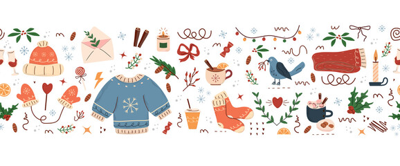 seamless pattern, cute illustration.  tree, stars, dots, snow, simple  design. hand drawn doodles are isolated on a white background. A trend for print, banners, social networks, posters. png