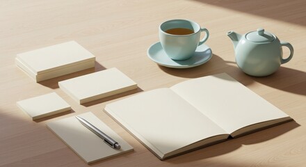 Minimalist Workspace with Blank Notebooks, Tea Cup, and Teapot