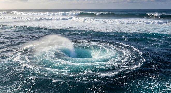 A powerful and mesmerizing ocean whirlpool creates a dramatic vortex amidst the crashing waves, showcasing the immense forces of nature at sea