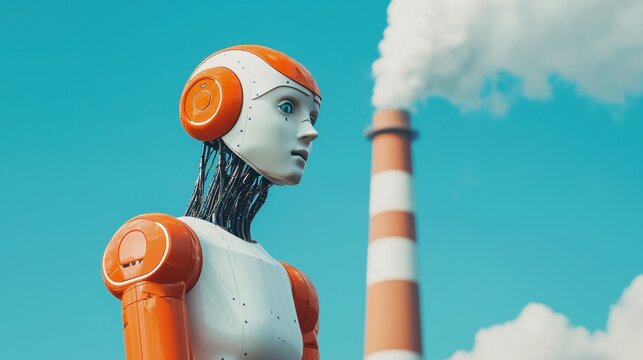 A futuristic robot stands against a backdrop of industrial smokestacks, blending technology and environmental themes.