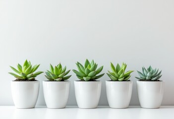 Obraz premium Five small succulents in white pots arranged in a row against a light gray background.