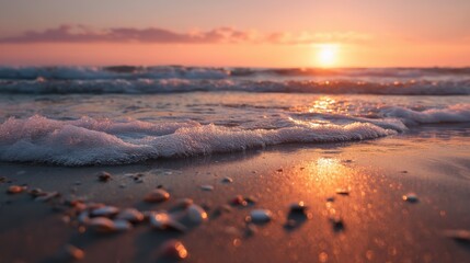 Peaceful beach sunset with golden ocean waves, pink orange sky reflection on water, seashells on sand for travel poster, luxury resort promo, relaxation therapy

