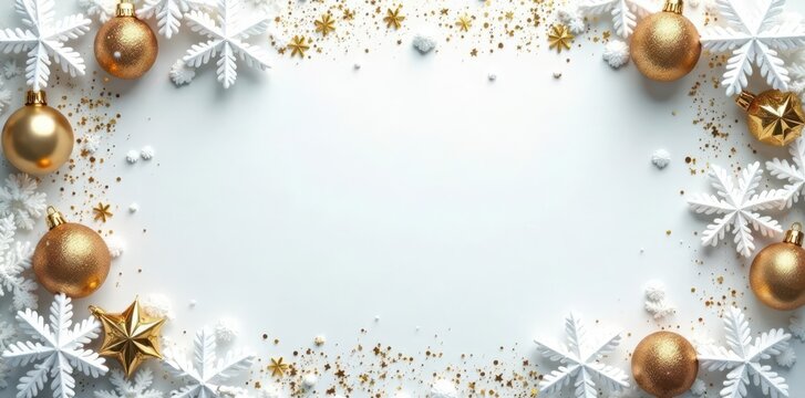 Symmetrical silver snow frame, gold glitter splatter Festive holiday design , decoration, ice