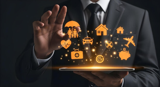 Close-up of businessman holding tablet with floating insurance icons. - Powered by Adobe
