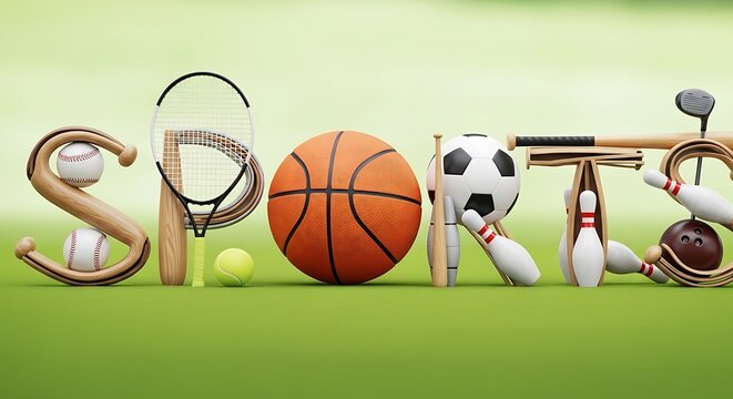SPORTS word crafted from diverse athletic equipment basketball, soccer ball, baseball, tennis racket, bat, bowling pins on vibrant green field. Symbolizing active lifestyle and games