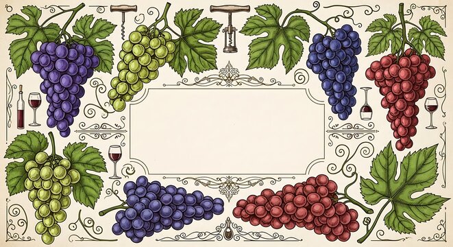 Wine Grapes Harvest Frame Vintage. - Powered by Adobe