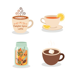 Obraz premium Minimalist Vector Icons of Autumn Beverages – Pumpkin Spice Latte, Herbal Infusion, Lemon Tea, Hot Cocoa with Marshmallow