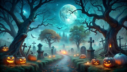 Scary jack o lantern pumpkin with glowing eyes in smoke