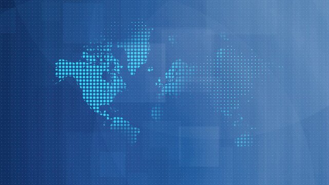 loopable world map over abstract blue dotted background with tranquil motion, global news backdrop