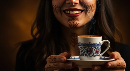 A Moment of Cultural Indulgence: A woman's radiant smile is highlighted as she gracefully presents a cup of steaming coffee. Adorned with delicate henna tattoos, she embodies a blend of tradition.