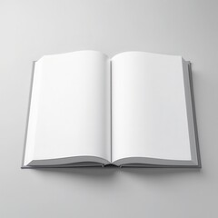A gray hardback book lies open, showcasing blank, white pages against a neutral background.