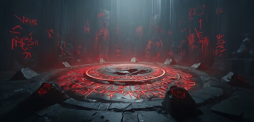 Mystic UI composition with floating red runes and shadowy artifact base