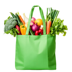Green reusable shopping bag filled with fresh produce on a black background.