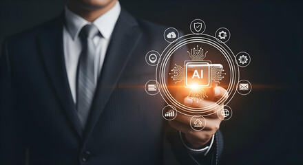 Close-up of businessman holding smartphone with glowing AI interface overlay.