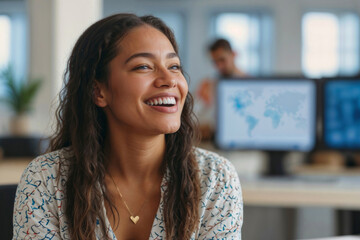 A woman with long hair is smiling and wearing a gold necklace at modern office. She is sitting at a desk with a computer monitor in front of her