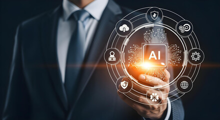 Close-up of businessman holding smartphone with glowing AI interface overlay.