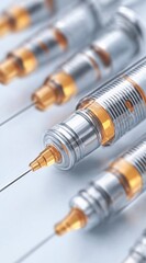 Shiny Medical Syringes with Amber Liquid Lined Up on Sterile Surface Evoking Precision and Trust
