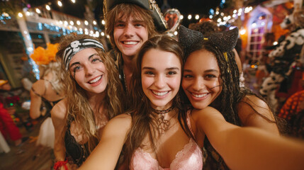 Fototapeta premium a group of friends dressed in costumes enjoying in a halloween party